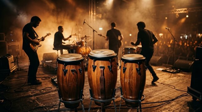 Vibrant musical performance featuring conga drums and silhouette musicians on stage.