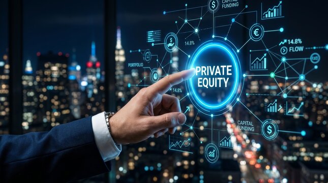 Digital technology interface illustrating a private equity investment business concept.