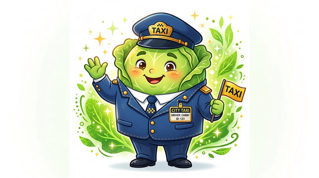 Cute cabbage taxi driver mascot wearing blue uniform waving hello