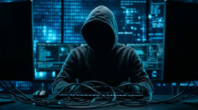 A hooded hacker performs cyber attacks and social platform scams in a dark environment.