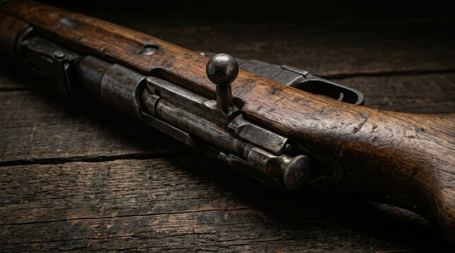 Soviet Mosin rifle details featuring the bolt mechanism and wooden stock on wood.
