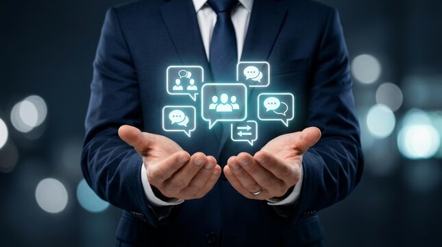 A businessman's hands cradling floating digital communication icons for teamwork and connection.