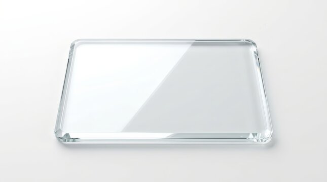 Realistic glossy glass rectangle with light reflection and soft shadow.