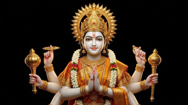 Ornate Hindu deity sculpture featuring golden crown and multiple hands