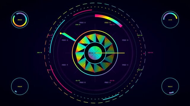 Digital broadcast switcher interface displaying vibrant circular neon gauges with rotating geometric patterns and luminous glowing data lines pulsing across the dark wide panoramic screen display