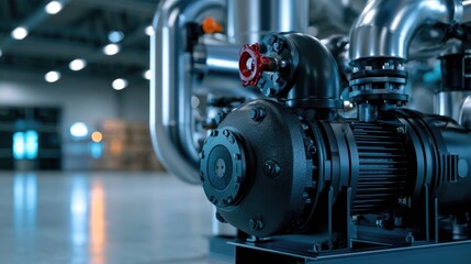 Fototapeta premium Industrial pump and pipes in a modern factory setting showcasing advanced engineering and machinery for manufacturing processes and automation in operation