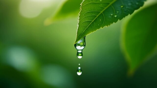 Dewdrop on Green Leaf Close-up 4K Generative AI