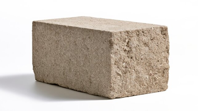 Compressed natural fiber building material block with rough texture and visible organic particles