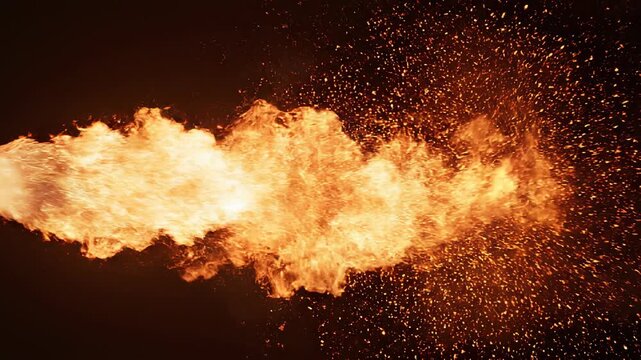 Fiery jet stream exploding with incandescent embers during dynamic motion against a dark backdrop