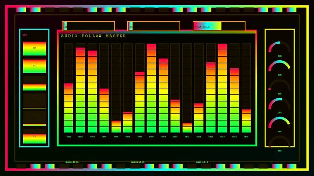 A broadcast switcher screen displays shifting multi channel audio levels across three distinct interface panels showing dynamic sound frequency movement captured during a live studio production