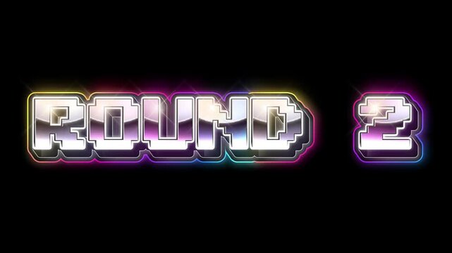 Retro Round 2 Neon Chrome Text Effect with Glitchy Border Over Black Background