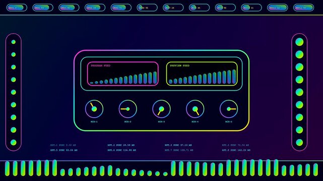 A digital broadcast switcher interface glows with neon audio meters and circular control dials in a dark environment featuring multiple visual data monitoring panels during operation