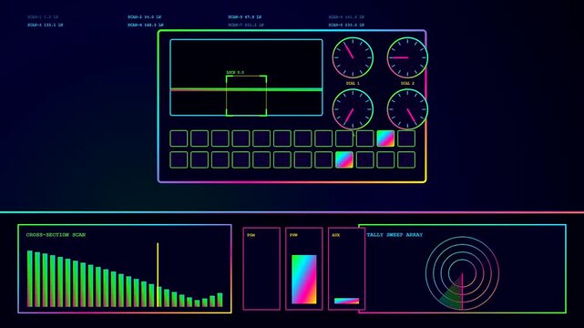 A digital broadcast switcher interface displays glowing data streams with oscillating wave forms and animated progress bars rendered in a vibrant neon color palette for production