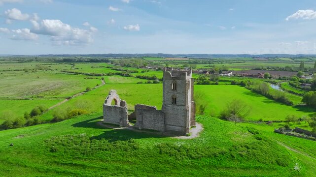 Burrow Mump from a drone, Southlake Moor, Burrowbridge, Taunton, Somerset, England, United Kingdom