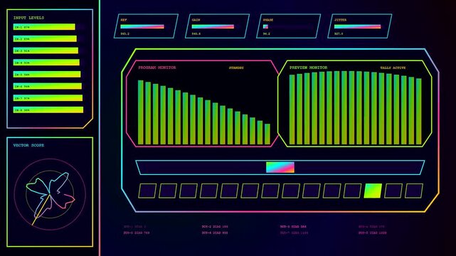 A broadcast switcher screen displays changing digital audio levels and vibrant vector scopes while live video data flows across three distinct monitors in this complex grid