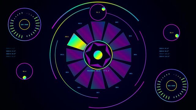 a colorful broadcast switcher interface features radial circular gauges and glowing digital patterns displayed on a dark surface to show data flow and network monitoring activity