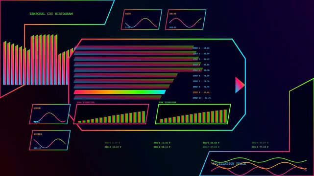 A broadcast switcher screen displays shifting digital data graphs and oscillating waveform patterns that change rapidly across three separate frames to simulate complex information system flow