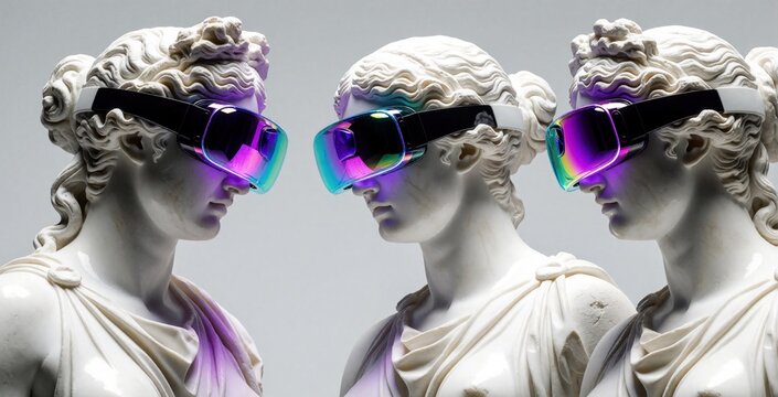 Three classical white marble statues wear modern VR headsets with colorful glowing lenses. Ancient Greek sculptures experience virtual reality simulation. Concept of art meeting future tech, digital