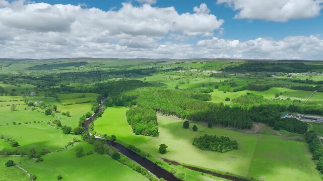 Farms and Fields over River Ure from a drone, North Yorkshire, England, United Kingdom