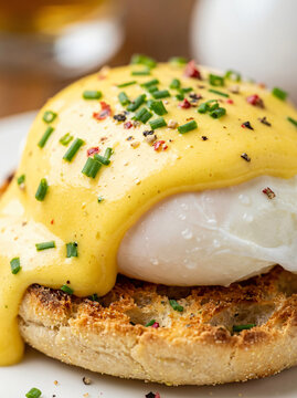 Delicious eggs benedict with hollandaise sauce and chives on a toasted English muffin.