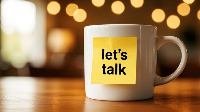 White coffee mug features yellow sticky note with lets talk text. Suitable for office, cafe, or home settings, promoting communication and connection. Warm background bokeh.
