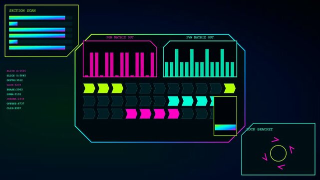 A broadcast switcher interface showing dynamic digital graphs and geometric UI modules cycling through active data stream sequences for modern software monitoring and system performance analysis