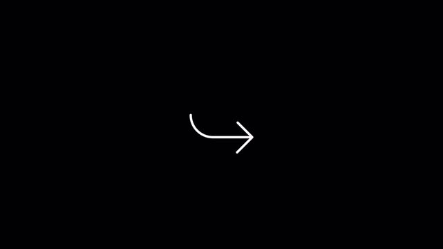 White curved line arrow minimalist icon on black background. Suitable for branding, presentation slides, web design, and directional signage.
