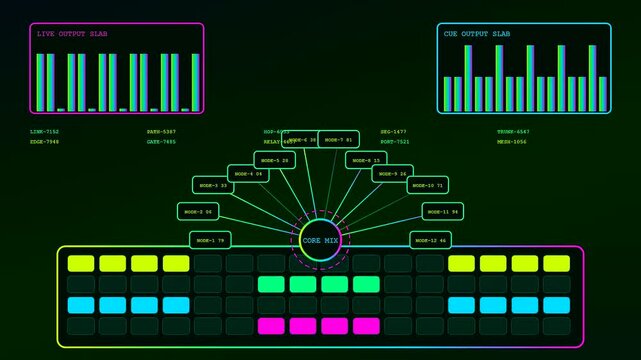 A broadcast switcher digital interface displays dynamic signal flow analysis showing colorful pulsing grids and radial network connections on a dark screen during a live stream