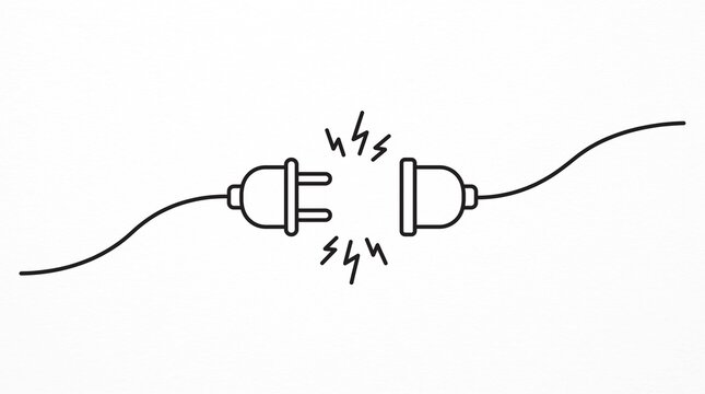 Simple black line illustration of two disconnected electrical plugs with sparks, symbolizing power interruption or electrical failure.
