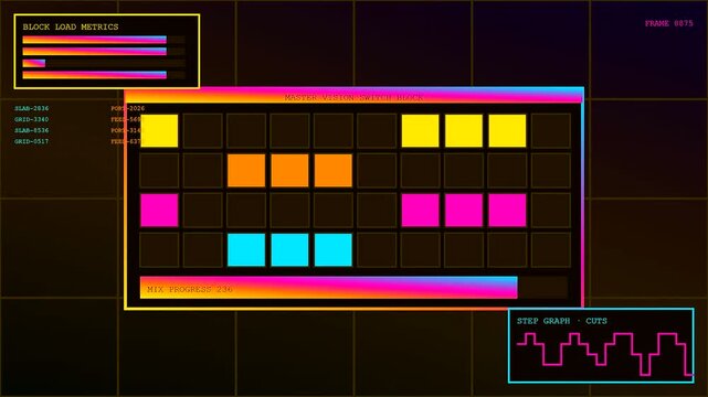 a colorful broadcast switcher interface features modular tiles and shifting data segments with glowing magenta cyan and yellow blocks displayed on a dark grid console