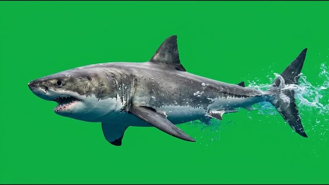 Great white shark swimming through deep water creating massive splashes in this realistic motion animation video