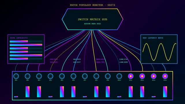 A digital broadcast switcher interface features oscillating wave graphs and animated bar charts glowing with neon purple cyan and yellow light patterns inside a dark panel