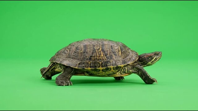 Red eared slider turtle walking slowly across a vibrant green screen background in motion video footage