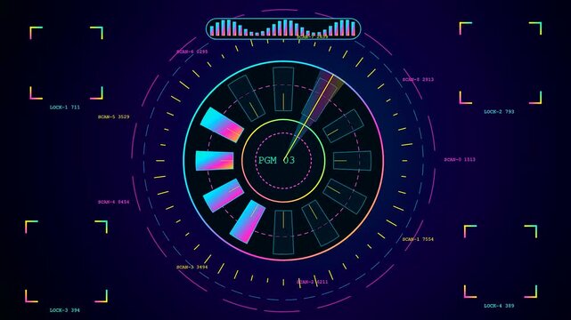 a colorful broadcast switcher interface features circular data gauges with neon light bars and radial scanning lines moving across a dark digital display grid screen setup