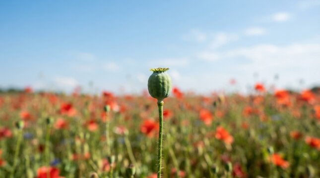 Poppy Seed Pod in Vibrant Flower Field