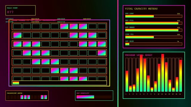 A digital broadcast switcher interface features dynamic glowing graphical bars and rhythmic grid light patterns representing complex signal routing and data flow in professional monitoring systems