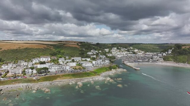 Beach and Cliffs over Looe Bay from a drone, Looe, River Looe, Cornwall, England, United Kingdom