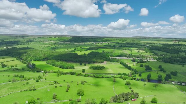 Farms and Fields over River Ure from a drone, North Yorkshire, England, United Kingdom