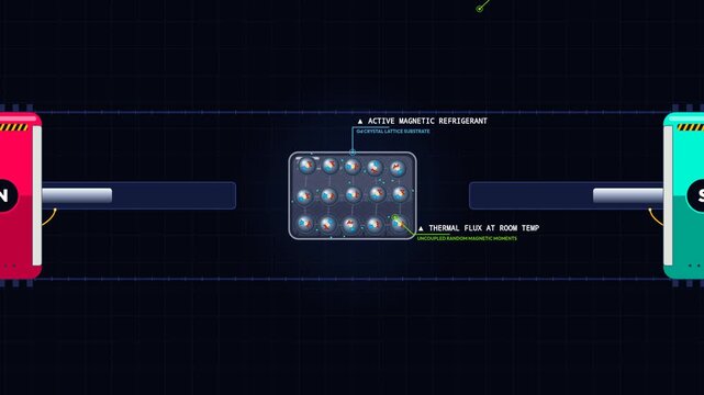 Animated infographic explaining the magnetocaloric effect in magnetic refrigeration showing how magnetic fields cause ferromagnetic polarization heating and subsequent cooling for cryogenic applicati