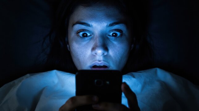 Surprised Woman Looking at Phone in Bed