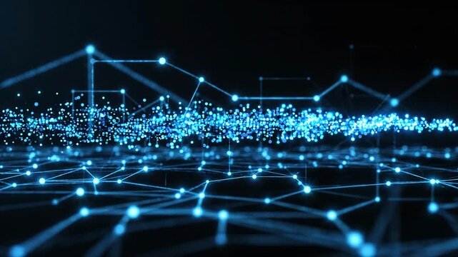 Futuristic blue digital network visualization with glowing nodes, connected lines, and flowing data across a dark technological environment, representing artificial intelligence, connectivity, cyberse