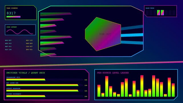 a broadcast switcher monitor showing data fluctuations on a virtual interface with moving bar graphs and glowing geometric shapes during a complex electronic system diagnostic operation