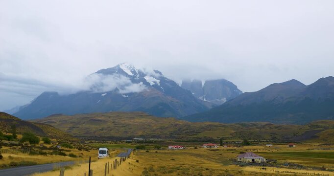 Minibus on the road to Torres del Paine National Park, Patagonia, Chile