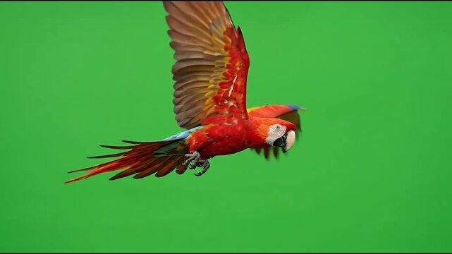 Scarlet macaw parrot flying gracefully across vibrant green screen background captured in high quality motion footage