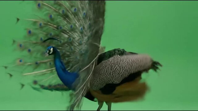 Peacock displaying vibrant iridescent feathers in this slow motion nature video footage of avian courtship ritual