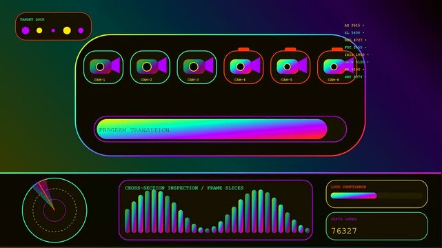A digital broadcast switcher interface shows live camera feed progression with neon gradients and moving bar graphs displayed within a dark atmospheric monitor panel system