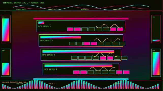A broadcast switcher screen displays layered wave forms and data visualizations across three synchronized monitors showing digital processing signals in an intense dark studio work environment