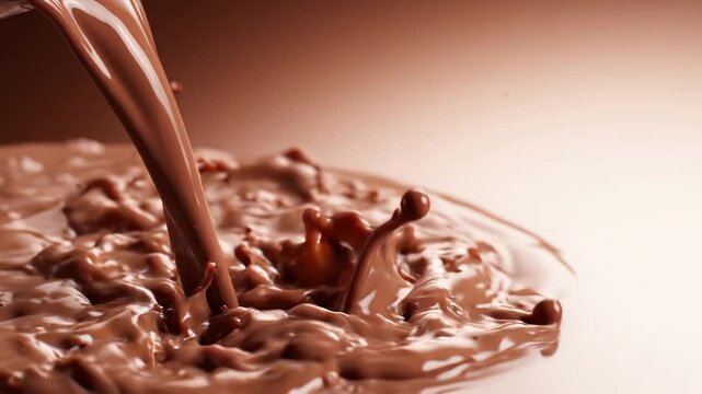 Rich brown chocolate liquid pouring onto a smooth surface, creating dynamic splashes, droplets, ripples, and glossy reflections for food advertising, dessert, confectionery, and indulgent culinary con