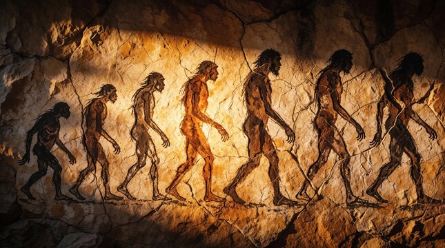 Human evolution sequence painted on ancient stone wall. Prehistoric timeline shows primate transformation into modern homo sapiens. Silhouette of various species walking through history.