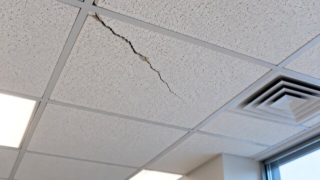 Close-up looking upward at commercial suspended ceiling showing one acoustic tile with obvious crack extending from edge toward center, realistic office maintenance
